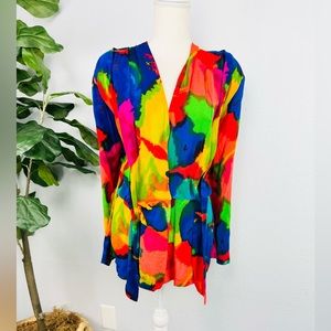 Vintage Tracy Richard’s Watercolor Bright Abstract Style Pintuck Pleated Top